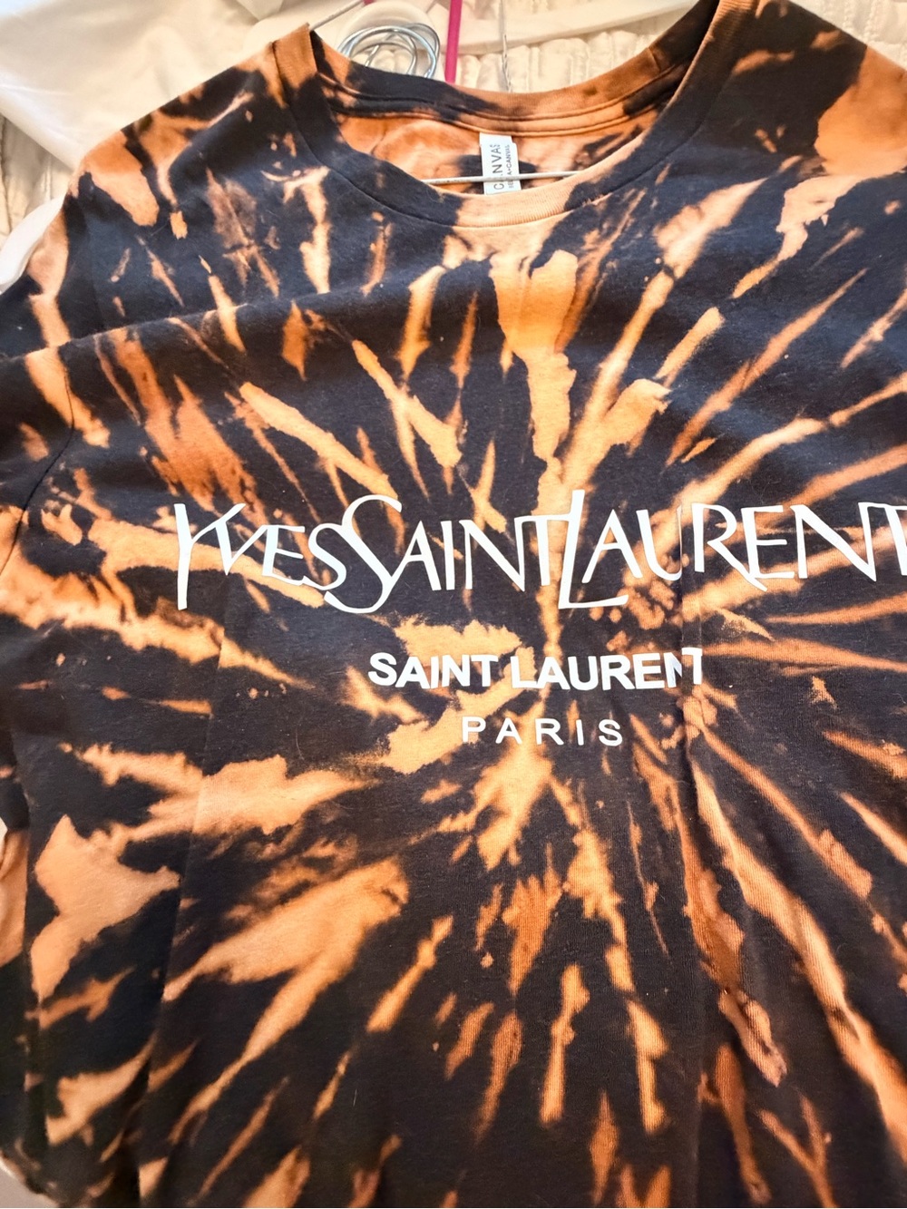 Fake Yves Saint Laurent Tie-Dye Logo Tee in Black and Orange
